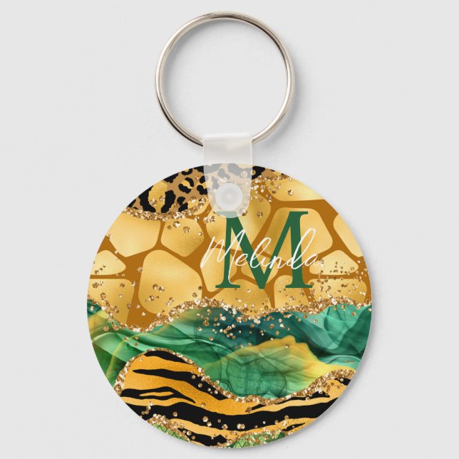 Gold and Green Safari Animal Print Agate Keychain (Front)