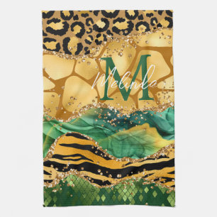 Gold and Green Safari Animal Print Agate Kitchen Towel