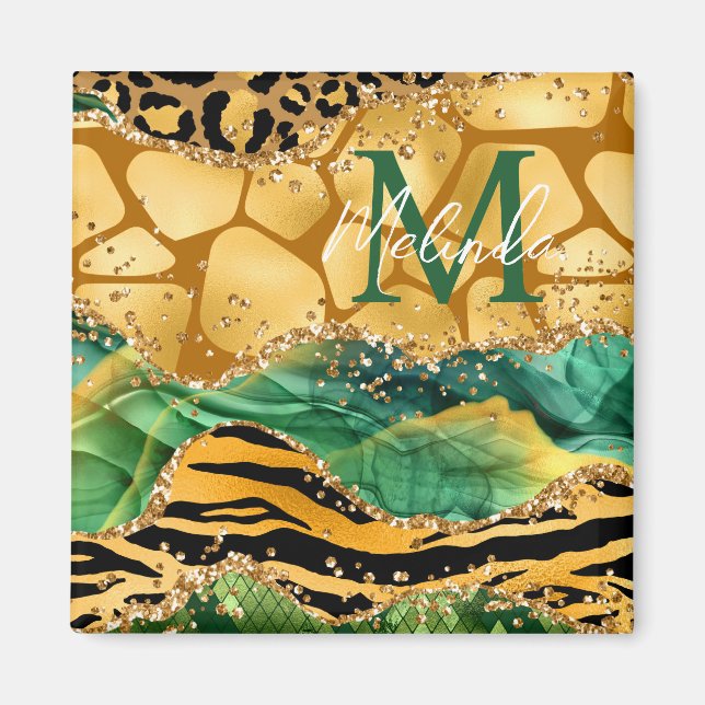 Gold and Green Safari Animal Print Agate Magnet (Front)