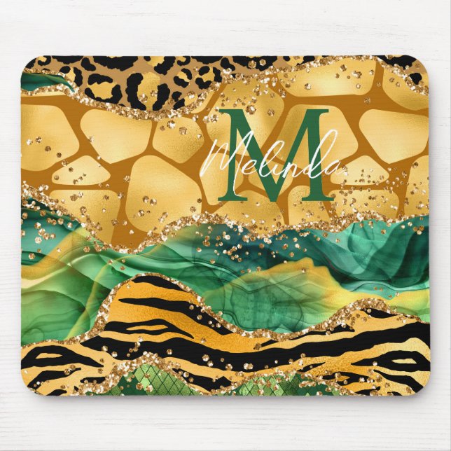 Gold and Green Safari Animal Print Agate Mouse Pad (Front)