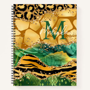 Gold and Green Safari Animal Print Agate Notebook