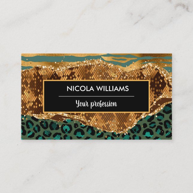 Gold and Green Safari Jungle Animal Print Agate Business Card (Front)