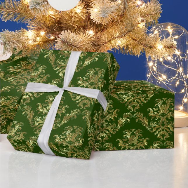 Gold And Green Vintage Damasks 2 Wrapping Paper (Holidays)