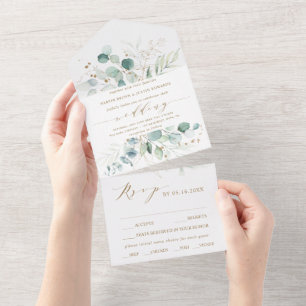Gold and Green Watercolor Botanical Wedding All In All In One Invitation