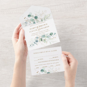 Gold and Green Watercolor Botanical Wedding All In One Invitation