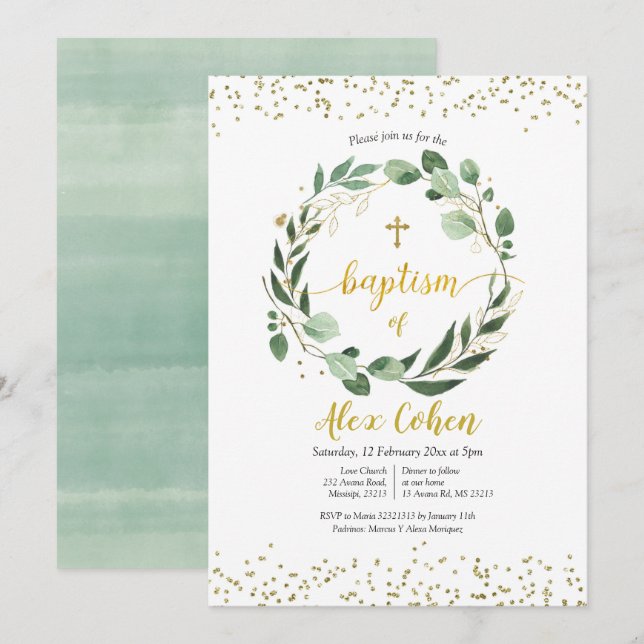Gold and Greenery Baptism Invitation (Front/Back)