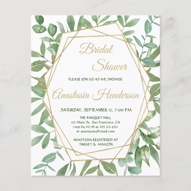 Gold and Greenery/BUDGET-Bridal Shower Invitation. Flyer (Front)
