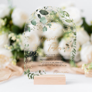 Gold and Greenery Eucalyptus Wedding Arch Acrylic Invitations