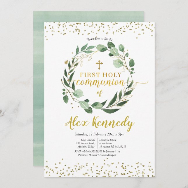 Gold and Greenery First Holy Communion Invitation (Front/Back)