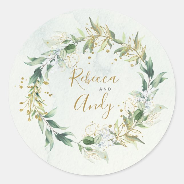 Gold and greenery wedding sticker, boho wedding classic round sticker (Front)