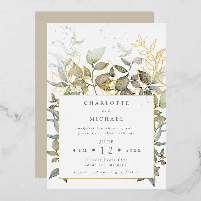Gold and greens watercolor leaves wedding (Front/Back)