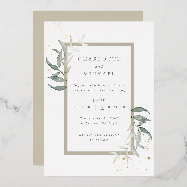 Gold and greens watercolor leaves wedding foil inv (Front/Back)