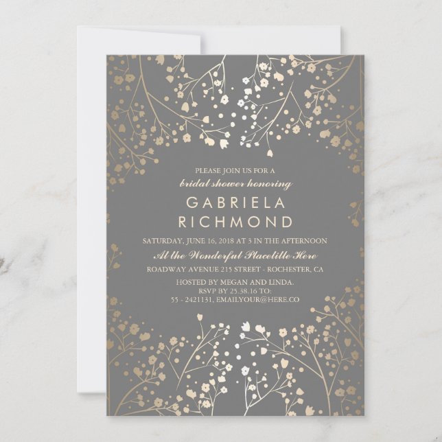 Gold and Grey Baby's Breath Bridal Shower Invitation (Front)