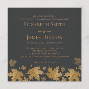 Gold and Grey Fall Leaves Wedding Invitation
