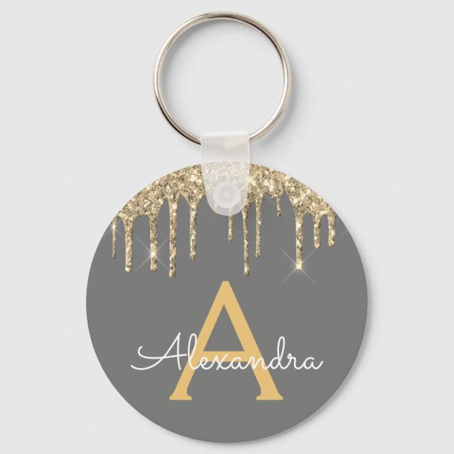 Gold and Grey Girly Sparkly Glitter Monogram Keychain (Front)