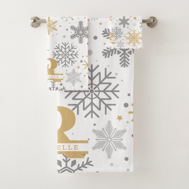 Gold and Grey Snowflakes in White Background Bath Towel Set (Insitu)