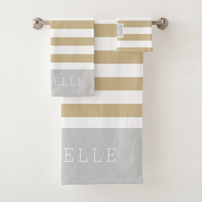Gold and Grey Stripes Monogram | Editable Colours Bath Towel Set (Insitu)
