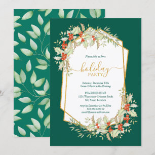 Gold and Holly Geometric Holiday Celebration Invitation