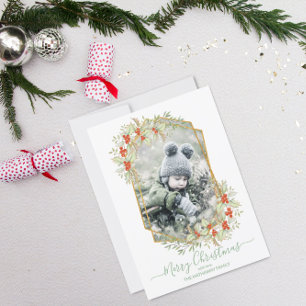 Gold and Holly   Geometric Photo Frame Holiday Card