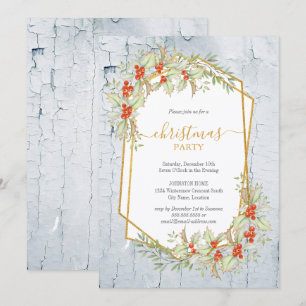 Gold and Holly Geometric Rustic Christmas Invitation