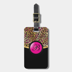 Gold and Hot Pink Leopard Animal Print   Monogram Luggage Tag