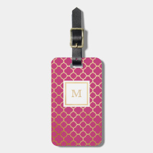 Gold and Hot Pink quatrefoil Luggage Tag