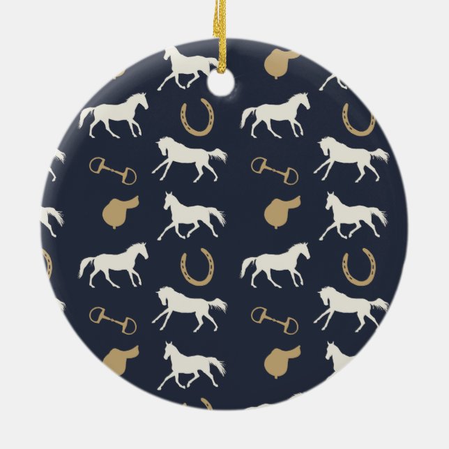 Gold and Ivory English Horses Pattern Ceramic Ornament (Back)