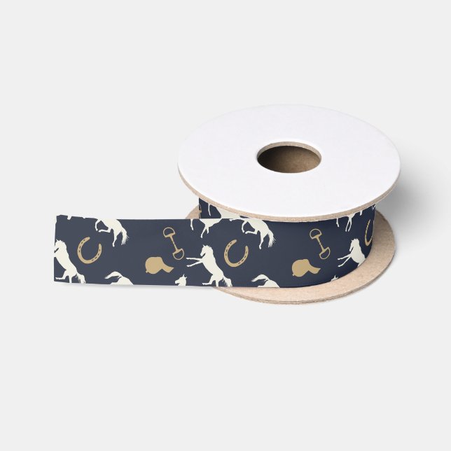 Gold and Ivory English Horses Pattern Satin Ribbon (Spool)