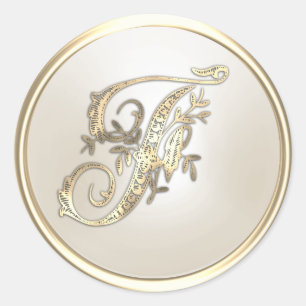 Gold and Ivory Ornate Initial Monogram F Classic Round Sticker