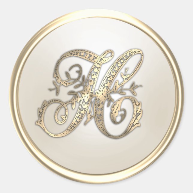 Gold and Ivory Ornate Initial Monogram H Classic Round Sticker (Front)