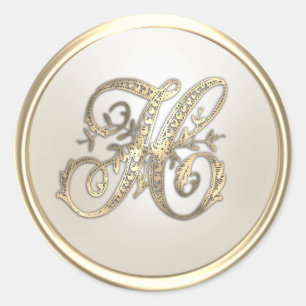 Gold and Ivory Ornate Initial Monogram H Classic Round Sticker