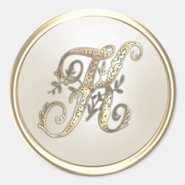 Gold and Ivory Ornate Initial Monogram K Classic Round Sticker (Front)