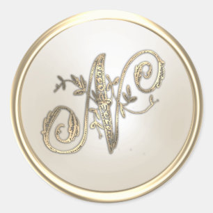 Gold and Ivory Ornate Initial Monogram N Classic Round Sticker