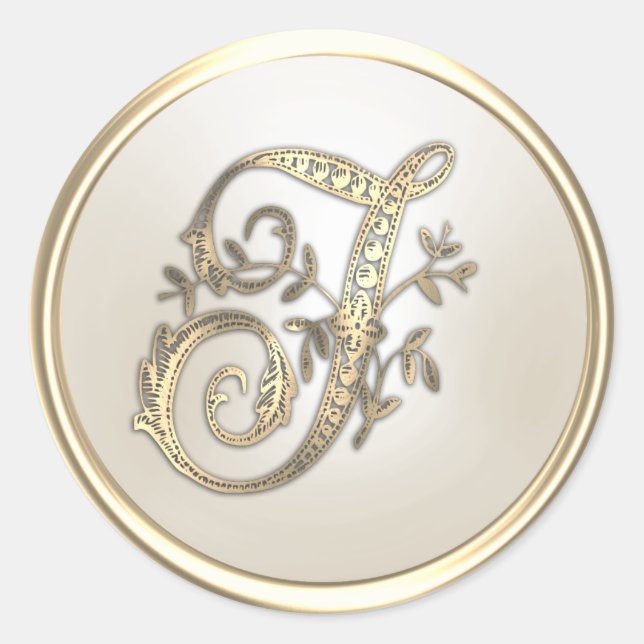 Gold and Ivory Ornate Initial Monogram T Classic Round Sticker (Front)