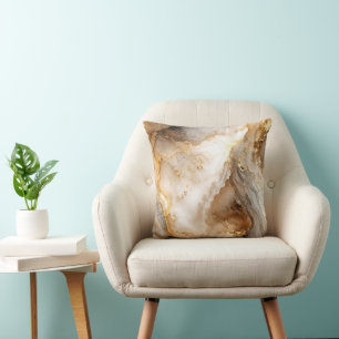 Gold and Ivory White Marble Abstract Throw Pillow