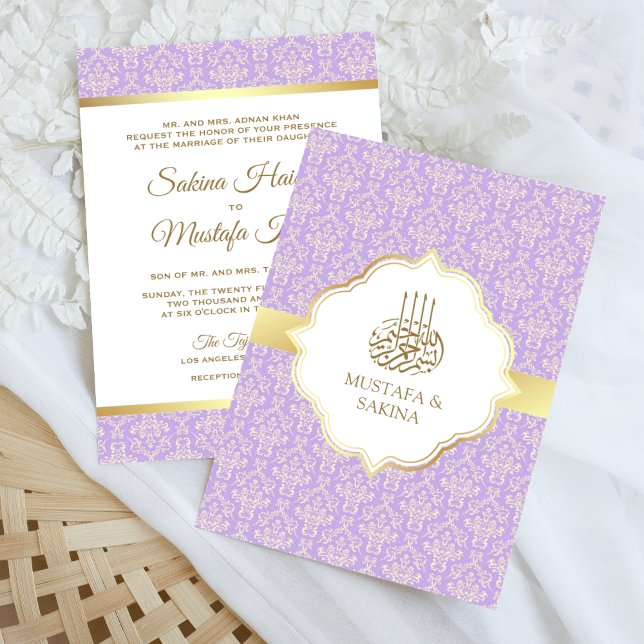 Gold and Lavender Damask Islamic Muslim Wedding Invitation (Creator Uploaded)