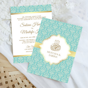 Gold and Light Teal Damask Islamic Muslim Wedding Invitation