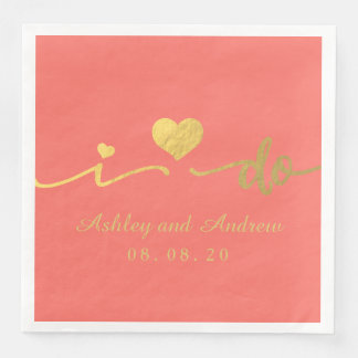 Gold and Living Coral I Do | Wedding Napkin