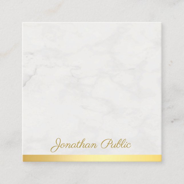 Gold And Marble Elegant Hand Script Text Luxurious Square Business Card (Front)