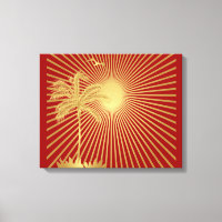 Gold and Maroon Palm Tree, Sun and Bird Canvas