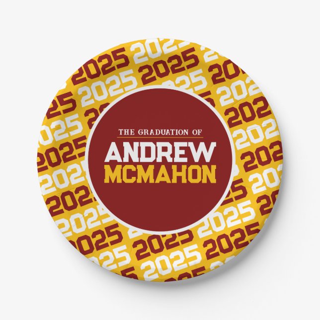 Gold and Maroon Personalized Graduation Paper Plate (Front)