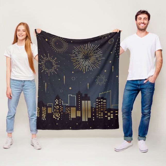 Gold and midnight-blue cityscape with fireworks fleece blanket (In Situ)