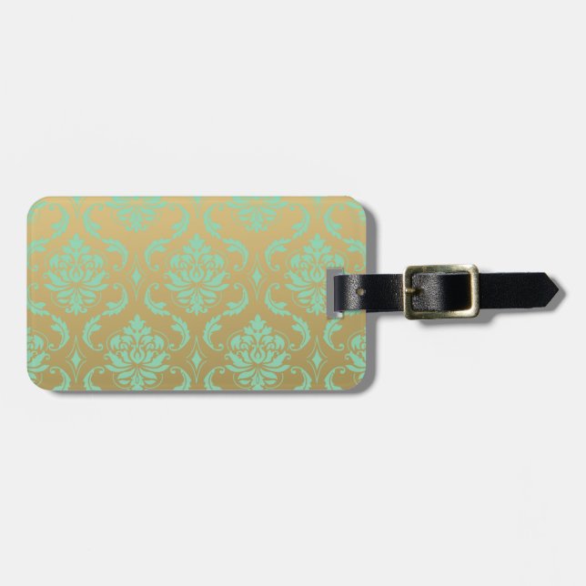 Gold and Mint Classic Damask Luggage Tag (Front Horizontal)