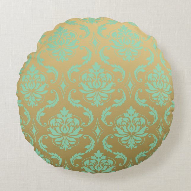 Gold and Mint Classic Damask Round Pillow (Front)