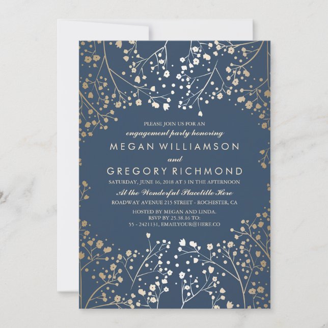 Gold and Navy Baby's Breath Engagement Party Invitation (Front)