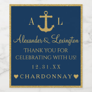 Gold and Navy Blue Anchor Monogram Wedding Wine Label