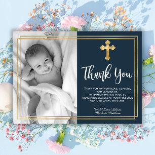 Gold and Navy Blue Baptism Merci Cartes