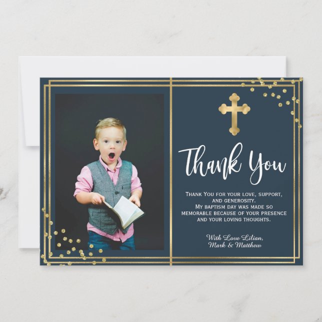 Gold and Navy Blue Baptism Merci Cartes (Devant)