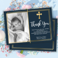Gold and Navy Blue Baptism Photo Thank You Cards