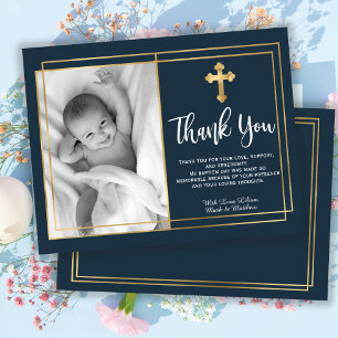 Gold and Navy Blue Baptism Photo Thank You Cards